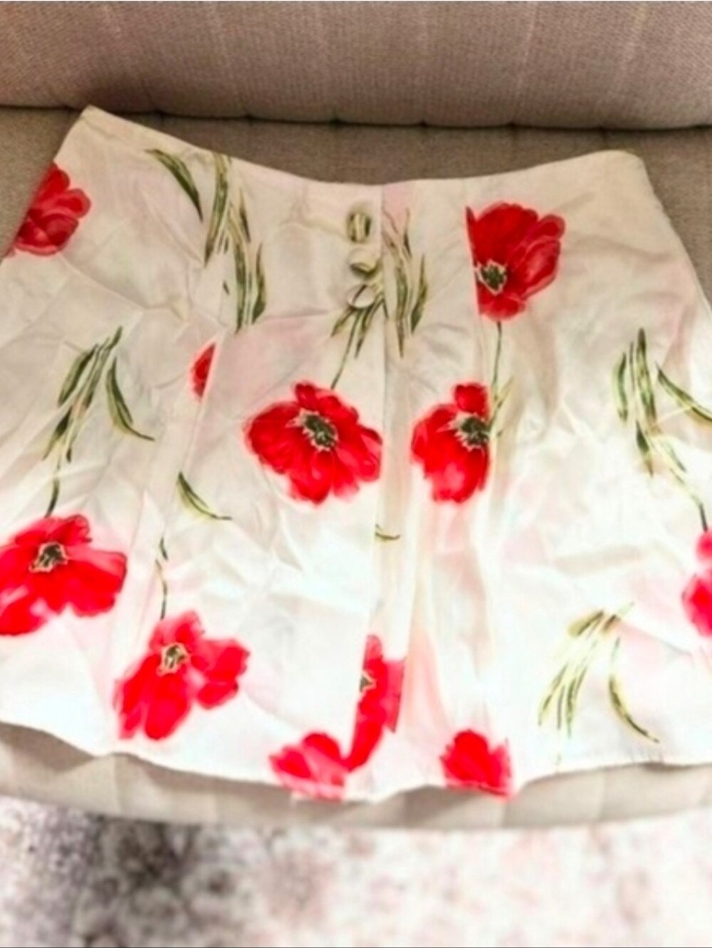 Vintage Stella Satin Mini Flare Skirt w Shorts Cream Poppy Print Women's Large